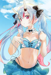  bikini bikini_skirt blue_bikini blue_sky breasts cleavage cloud cloudy_sky collarbone commentary cowboy_shot day detached_collar earrings female glint gradient_hair hair_between_eyes hair_ribbon heart heart_earrings highres hololive horns jewelry long_hair looking_at_viewer midriff multicolored_hair nakiri_ayame nakiri_ayame_(hololive_summer_2019) nattsume_(natttsume) navel outdoors red_eyes red_hair ribbon side-tie_bikini_bottom skin-covered_horns sky small_breasts solo streaked_hair swimsuit twintails two-tone_hair virtual_youtuber white_hair 