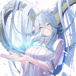  +_+ aqua_hair braid breasts curled_horns dress fate/grand_order fate/grand_order_arcade fate_(series) female hair_between_eyes horns large_breasts larva_tiamat_(fate) larva_tiamat_(third_ascension)_(fate) long_hair long_horns long_sleeves looking_at_viewer neko_daruma pink_eyes pointy_ears ribbed_dress sidelocks smile solo symbol-shaped_pupils tiamat_(fate) very_long_hair white_dress 