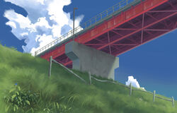  bad_id bad_pixiv_id blue_sky bridge broken cloud cumulonimbus_cloud day fence flower gingham_vest grass highres lamppost landscape no_humans original outdoors railing scenery sky 