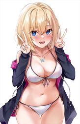  bare_shoulders bikini black_jacket blonde_hair blue_eyes blush breasts cleavage collarbone double_v female halterneck jacket large_breasts long_sleeves looking_at_viewer marisasu_(marisa0904) navel off_shoulder open_clothes open_jacket open_mouth original short_hair side-tie_bikini_bottom smile solo string_bikini swimsuit thighs v white_bikini 