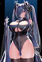  absurdres alternate_hairstyle august_von_parseval_(azur_lane) azur_lane between_breasts black_horns blue_eyes blue_hair breasts clothing_cutout commentary_request cowboy_shot cross cross-laced_clothes cross-laced_dress curled_horns female hair_over_one_eye highleg highleg_leotard highres horns iron_cross kaki_z3 large_breasts leotard long_bangs mechanical_horns one_eye_covered standing strap_between_breasts thighhighs twintails 