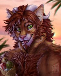  2020 4:5 anthro brown_body brown_fur brown_hair digital_media_(artwork) felid fur green_eyes hair horn male mammal mane moon-s open_mouth pink_nose solo teeth tongue whiskers 