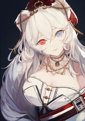  animal_ears arknights bangs bare_shoulders bear_ears black_background blue_eyes commentary_request dress fanshu female hair_between_eyes heterochromia highres long_hair looking_at_viewer off-shoulder_dress off_shoulder official_alternate_costume red_eyes rosa_(arknights) rosa_(masterpiece)_(arknights) silver_hair simple_background solo upper_body white_dress 