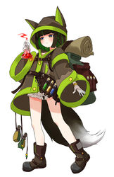  absurd_res animal_humanoid black_hair canid canid_humanoid canine canine_humanoid clothing female flask green_hair hair hi_res hoodie humanoid mammal mammal_humanoid potion rocoroco1115 simple_background solo topwear white_background young 