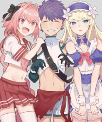  1other 2boys :d apron astolfo_(fate) astolfo_(sailor_paladin)_(fate) bare_shoulders black_bow black_gloves black_ribbon blonde_hair blue_dress blue_eyes blush bow braid chevalier_d&#039;eon_(fate) chevalier_d&#039;eon_(maid_knight)_(fate) crop_top crossdressing dress fate/apocrypha fate/grand_order fate_(series) fergus_mac_roich_(fate) fergus_mac_roich_(young)_(fate) flower gloves hair_ribbon hairband highres long_hair looking_at_viewer maid male_focus midriff multiple_boys navel official_alternate_costume open_mouth otoko_no_ko pink_hair pink_ribbon pink_shirt pink_skirt purple_eyes purple_hair ribbon sandwiched school_uniform serafuku shirt short_sleeves single_braid skirt smile tetsu_(teppei) thighhighs v-shaped_eyebrows white_apron white_flower white_legwear white_shirt 