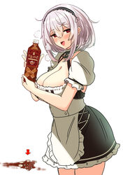  apron arrow_(symbol) azur_lane blush bottle breasts broken_bottle cleavage dress female grey_hair hair_between_eyes hairband hey_taisyou highres holding holding_bottle large_breasts looking_at_viewer open_mouth puffy_short_sleeves puffy_sleeves red_eyes short_hair short_sleeves simple_background sirius_(azur_lane) solo spill sweat tea white_apron white_background 