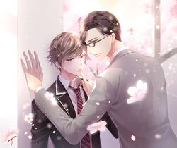  2boys araragi_soushi black_hair blazer brown_eyes brown_hair day finger_to_mouth flower formal glasses grey_suit highres index_finger_raised indoors jacket kabedon male_focus multiple_boys necktie official_art red_necktie striped striped_necktie suit sunlight upper_body window yaoi 