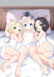  3girls bare_shoulders barefoot bed black_hair black_headwear blonde_hair blue_eyes brown_eyes commentary_request full_body garrison_cap green_eyes hairband hat i-504_(kancolle) kantai_collection long_hair looking_at_viewer luigi_torelli_(kancolle) lying maru-yu_(kancolle) multiple_girls nassukun on_side one-piece_swimsuit school_uniform short_hair swimsuit thick_eyebrows u-511_(kancolle) white_hairband white_one-piece_swimsuit 