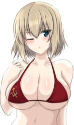  :o absurdres aged_up aikir_(jml5160) bikini blonde_hair blue_eyes blush bob_cut breasts cleavage commentary emblem female girls_und_panzer hand_on_own_chest highres katyusha_(girls_und_panzer) large_breasts looking_at_viewer navel one_eye_closed pravda_(emblem) red_bikini short_hair simple_background skindentation solo string_bikini swimsuit upper_body white_background 