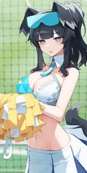  absurdres animal_ears bad_id bad_twitter_id bare_shoulders black_hair blue_archive blush breasts channel_(_caststation) cheerleader cleavage dog_ears dog_girl dog_tail eyewear_on_head female goggles goggles_on_head halo hibiki_(blue_archive) hibiki_(cheer_squad)_(blue_archive) highres holding holding_pom_poms large_breasts long_hair looking_at_viewer millennium_cheerleader_outfit_(blue_archive) navel official_alternate_costume pom_pom_(cheerleading) ponytail skirt solo star_sticker stomach sunglasses sweat tail white_skirt yellow_halo 