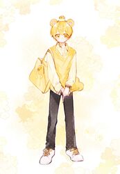  1boy animal_ears bag bear_boy bear_ears blonde_hair crown full_body handbag highres long_sleeves looking_at_viewer lulucoo male_focus mini_crown necktie pants root_(stpri) school_uniform shirt shoes short_hair shoulder_bag solo strawberry_prince utaite vest white_shirt yellow_eyes yellow_theme yellow_vest 