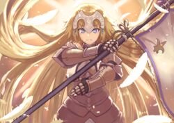  armor backlighting bad_id bad_pixiv_id banner blonde_hair blue_eyes breast_curtains breasts commentary cowboy_shot fate/apocrypha fate/grand_order fate_(series) feathers female full_armor gauntlets headpiece highres holding janoukyo19 jeanne_d&#039;arc_(fate) jeanne_d&#039;arc_(third_ascension)_(fate) long_hair looking_at_viewer medium_breasts ribbon serious solo straight_hair sunlight v-shaped_eyebrows very_long_hair yellow_ribbon 