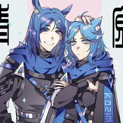  1boy ahoge animal_ear_fluff animal_ears arknights bashifangchengleng_kengdingzihu black_shirt blue_eyes blue_hair blue_scarf cat_ears chinese_commentary commentary_request crossed_arms female grin hand_on_another&#039;s_head highres long_sleeves looking_at_viewer medium_hair monique_(arknights) roy_(arknights) scarf shirt smile upper_body 