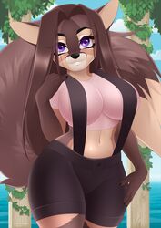  2020 anthro black_nose blue_eyes breasts brown_body brown_fur brown_hair canid canine chessie_(shycyborg) dannyckoo female fox fur hair hi_res kinuli looking_at_viewer mammal outside smile solo water 