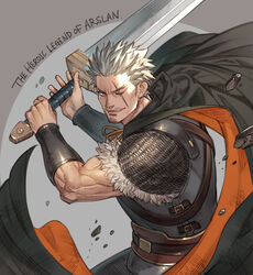  1boy akakokko_(niro_azarashi) arm_guards armor arslan_senki black_cape cape chainmail commentary_request copyright_name debris english_text facial_hair fur_trim furrowed_brow grey_background grin highres holding holding_sword holding_weapon kubard male_focus manly moustache muscular muscular_male one_eye_closed sanpaku sash scar scar_across_eye scar_on_face smile solo spiked_hair stubble sword two-handed_sword two-sided_cape two-sided_fabric upper_body weapon white_hair 