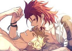  2boys blonde_hair bracelet granblue_fantasy jewelry kingyo_114 male_focus multiple_boys official_alternate_costume pectorals percival_(granblue_fantasy) percival_(summer)_(granblue_fantasy) red_eyes red_hair shirt smile summer toned toned_male vane_(granblue_fantasy) wet wet_clothes wet_hair wet_shirt white_shirt 