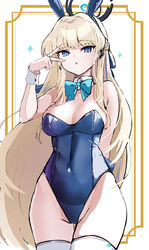  animal_ears arm_behind_back blonde_hair blue_archive blue_bow blue_bowtie blue_eyes blue_leotard bow bowtie breasts covered_navel cowboy_shot detached_collar fake_animal_ears female halo highres leotard long_hair looking_at_viewer medium_breasts open_mouth playboy_bunny rabbit_ears solo takimoto_yukari thighhighs toki_(blue_archive) v white_thighhighs wrist_cuffs 