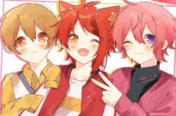  3boys animal_ears bad_id bad_twitter_id blonde_hair blush brown_eyes dog_boy dog_ears extra_ears highres is18_5 looking_at_viewer male_focus multiple_boys one_eye_closed pink_hair purple_eyes red_hair rinu_(stpri) root_(stpri) satomi_(stpri) short_hair strawberry_prince utaite v yellow_eyes 