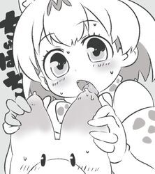  animal_ears blush bob_cut bow bowtie commentary_request elbow_gloves fangs female gloves grabbing_another&#039;s_ear greyscale hand_on_another&#039;s_ear kemono_friends kuro_(kurojill) licking licking_ear monochrome print_bow print_bowtie print_gloves robot saliva serval_(kemono_friends) serval_print sexually_suggestive short_hair solid_oval_eyes sweat tongue tongue_out translation_request upper_body 