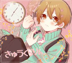  1boy bad_id bad_twitter_id blonde_hair blue_hoodie blush cevio clock closed_mouth cosplay frown highres hood hoodie is18_5 kyu-kurarin_(cevio) long_sleeves looking_at_viewer male_focus multicolored_background numbered pink_background root_(stpri) short_hair solo song_name strawberry_prince utaite yellow_background yellow_eyes 