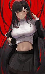  absurdres adjusting_hair black_hair black_jacket black_skirt blue_archive blush breasts bright_pupils cowboy_shot english_commentary female halo highres hoangryu holding jacket large_breasts long_hair long_sleeves looking_at_viewer looking_down midriff navel off_shoulder open_clothes open_jacket pantyhose parted_lips pleated_skirt red_background red_eyes ribbed_sweater rio_(blue_archive) simple_background skirt solo sweater very_long_hair white_pupils white_sweater 