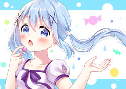  :o absurdres blue_eyes blue_hair blush bow candy chestnut_mouth commentary eyebrows female food gochuumon_wa_usagi_desu_ka? hair_between_eyes hair_ornament hairclip highres kafuu_chino long_hair looking_at_viewer ribbon solo sugutsuka_rerun twintails x_hair_ornament 