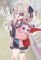  :d absurdres banknote black_bow blue_nails blue_sailor_collar blue_skirt blurry blurry_background blush bow depth_of_field eyepatch female fingernails hairbow hand_up heart heart_eyepatch highres holding holding_money jacket long_sleeves looking_at_viewer makaino_ririmu makaino_ririmu_(4th_costume) miniskirt money multicolored_hair nail_polish nijisanji oerba_yun_fang open_mouth pink_jacket sailor_collar school_uniform serafuku shirt skin_fang skirt smile solo standing streaked_hair stuffed_animal stuffed_rabbit stuffed_toy translation_request utsusumi_kio virtual_youtuber white_shirt 