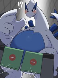  2022 5_fingers ?! ai_only_dream belly blue_belly blue_body blue_eyes blue_tail blush bodily_fluids fingers generation_2_pokemon hi_res legendary_pokemon looking_down lugia nintendo pokemon pokemon_(species) solo sweat sweatdrop tail teeth ticket_gate two_tone_tail white_body white_tail 