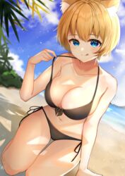  :p animal_ears beach bikini black_bikini blonde_hair blue_eyes breasts cat_ears cleavage day dutch_angle female katsushika_pachi kneeling looking_at_viewer medium_breasts original outdoors short_hair side-tie_bikini_bottom smile solo swimsuit tongue tongue_out 