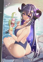  absurdres ass back breasts cleavage closed_mouth collarbone commentary_request cup female food fruit hair_between_eyes hair_ornament highres holding holding_cup holding_spoon honeydew_(fruit) horns ice_cream ichihachiyon indie_virtual_youtuber large_breasts long_hair looking_at_viewer mole mole_under_eye one-piece_swimsuit parfait pool poolside purple_eyes purple_hair purple_one-piece_swimsuit rizel_(vtuber) sitting smile solo spoon star_(symbol) star_hair_ornament stone_floor strawberry swimsuit thighs twisted_torso virtual_youtuber 