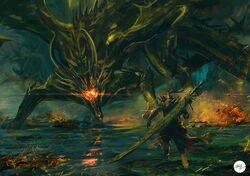  1boy black_dragon_kalameet breath_weapon breathing_fire crossover dark_souls_(series) dark_souls_i dragon fire monster monster_hunter:_world monster_hunter_(series) running shimhaq sword water weapon 