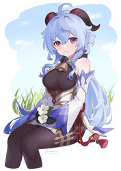  absurdres ahoge bare_shoulders bell black_bow black_gloves black_pantyhose blue_hair bodystocking bow breasts chinese_knot commentary cowbell detached_sleeves eating female flower flower_knot ganyu_(genshin_impact) genshin_impact gloves gold_trim grass hairbow highres holding holding_flower horns large_breasts long_hair long_sleeves looking_at_viewer low_ponytail mouth_hold pantyhose petals petals_in_mouth purple_eyes qingxin_flower red_rope rope sidelocks sitting skirt sky smile solo sweatdrop tassel thighband_pantyhose thighlet unapoppo very_long_hair white_flower white_skirt 