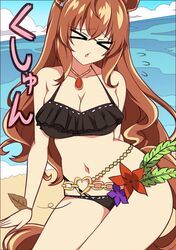  &gt;_&lt; animal_ears beach bikini black_bikini blue_sky blush breasts chains chestnut_mouth cleavage closed_eyes cloud cloudy_sky collarbone commentary_request day ear_ornament female gold_chain hair_between_eyes highres horse_ears horse_girl horse_tail jewelry large_breasts long_hair looking_at_viewer maruzensky_(blasting_off_summer_night)_(umamusume) maruzensky_(umamusume) necklace ocean official_alternate_costume on_ground sand school_swimsuit sitting sky solo swimsuit tail umamusume very_long_hair wahiko_(black_bastard) water 