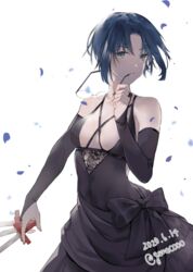  bare_shoulders between_breasts between_fingers black_dress black_eyes black_hair breasts bridal_gauntlets ciel_(tsukihime) cleavage collarbone commentary_request commission cowboy_shot dagger dated dress female glasses holding holding_removed_eyewear holding_weapon knife looking_at_viewer medium_breasts neko_(ganecooo) parted_bangs parted_lips petals rimless_eyewear short_hair simple_background skeb_commission sleeveless sleeveless_dress solo tsukihime twitter_username unworn_eyewear weapon white_background 