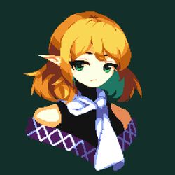  4qw5 bare_shoulders blonde_hair closed_mouth commentary cropped_torso english_commentary eyes_visible_through_hair female green_background green_eyes looking_at_viewer mizuhashi_parsee pixel_art pointy_ears scarf short_hair simple_background solo touhou white_scarf 