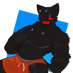  1:1 abs absurd_res anthro black_body black_fur bottomwear clothing epic_games flshtwo fortnite fur hi_res male meowscles meowscles_(shadow) muscular muscular_male nipples one_eye_closed pecs red_eyes scar shorts solo wink 