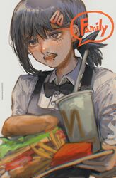  absurdres black_bow black_hair bow burger chainsaw_man crying drinking_straw family_burger_(chainsaw_man) fast_food female food french_fries higashiyama_kobeni highres mcdonald&#039;s open_mouth simple_background solo teeth twitter_username uu0000322 