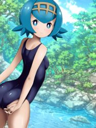  arched_back bad_id bad_pixiv_id blue_eyes blue_hair bright_pupils closed_mouth cloud commentary_request day female freckles hairband lana_(pokemon) looking_at_viewer looking_back no_sclera norio_(pheromosa_times) one-piece_swimsuit outdoors pokemon pokemon_sm rock shiny_skin short_hair sky smile solo split_mouth swimsuit swimsuit_tug water white_pupils yellow_hairband 