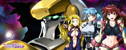  1boy 3girls armor blonde_hair blue_eyes blue_hair blush breasts center_opening collarbone copyright_name covered_nipples crop_top dita_liebely glowing glowing_eye hibiki_tokai highres id_card jazz_jack jura_basil_elden logo long_hair looking_up mecha medium_breasts meia_gisborn midriff multiple_girls navel one_eye_closed open_mouth red_hair robot science_fiction short_hair smile space vandread vanguard_(vandread) 