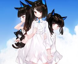  animal black_hair brown_eyes clouds cropped dress feline lolita_fashion long_hair moemoe3345 original ponytail short_hair sky wristwear 