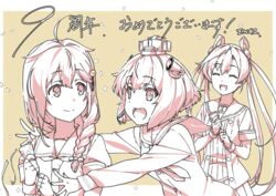  3girls abukuma_(kancolle) ahoge anniversary artist_request braid commentary_request double_bun dress fingerless_gloves gloves hair_bun hair_flaps hair_ornament hair_over_shoulder hair_rings headgear headset jacket kantai_collection line_art long_hair monochrome multiple_girls necktie official_art open_mouth party_popper round_teeth sailor_collar sailor_dress school_uniform serafuku shigure_(kancolle) shigure_kai_ni_(kancolle) short_hair short_sleeves single_braid smile speaking_tube_headset standing teeth upper_body upper_teeth_only yukikaze_(kancolle) 