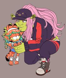  animal baseball_cap black_headwear black_jacket black_pants braid colored_skin cosplay crossover feline garfield garfield_(character) green_hair green_skin hat highres holding holding_animal holding_cat hololive hololive_english jacket long_hair medium_hair mori_calliope mori_calliope_(cosplay) mori_calliope_(streetwear) multicolored_hair ogre orange_hair pants peagade pink_hair ponytail red_eyes shrek shrek_(series) smile streaked_hair sweatpants tail takanashi_kiara takanashi_kiara_(cosplay) twin_braids virtual_youtuber 