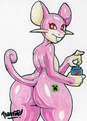  2021 anthro ass barbel_(anatomy) beverage beverage_can big_butt biped bottom_heavy buckteeth butt_pose butt_tattoo creeper_(minecraft) curled_tail flesh_whiskers generation_1_pokemon glistening glistening_body glistening_butt glistening_skin gloves_(marking) holding_beverage holding_object looking_at_viewer looking_back male markings microsoft minecraft mojang nintendo nude parasitedeath pear-shaped_figure pepsi pink_body pokemon pokemon_(species) portrait pose purple_body rattata rear_view red_eyes round_ears signature solo standing tail tattoo teeth thick_thighs thin_tail three-quarter_portrait traditional_media_(artwork) whiskers wide_hips xbox_game_studios 