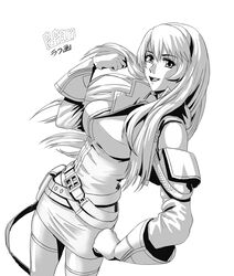  artist_name belt clenched_hand female floating_hair gloves greyscale hair_over_shoulder hairband hand_on_own_hip highres irisdina_bernhard jacket looking_at_viewer monochrome muv-luv muv-luv:_dimensions muv-luv_alternative open_mouth pencil_skirt popgun_(22882502) schwarzesmarken skirt smile solo thighhighs white_background 