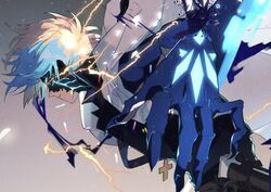  1boy ahoge aura black_sclera black_skirt claws closed_mouth collarbone colored_sclera cross dragon_install energy from_side glowing glowing_eye guilty_gear guilty_gear_strive hair_between_eyes jacket ky_kiske lightning looking_at_viewer looking_to_the_side male_focus multicolored_hair pectoral_cleavage pectorals red_eyes semiowari sheath shiny short_hair skirt solo teeth upper_body veins white_jacket 