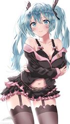  aqua_eyes aqua_hair bad_id bad_pixiv_id bare_shoulders black_bra black_shirt black_skirt black_thighhighs blush bra butterfly_hair_ornament commentary contrapposto cowboy_shot crossed_arms female frilled_skirt frills garter_straps hair_ornament hatsune_miku honey_whip_(module) lace_trim layered_skirt long_hair looking_at_viewer miniskirt nail_polish navel off-shoulder_shirt off_shoulder project_diva_(series) red_nails shirt shirubaa sidelighting signature skindentation skirt solo thighhighs twintails underwear vocaloid white_background 