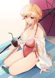  azur_lane bad_id bad_pixiv_id beach_umbrella breasts cleavage commentary covered_navel female frilled_one-piece_swimsuit frills full_body highleg highleg_swimsuit highres large_breasts long_hair looking_at_viewer lotion manjirou_(manji_illust) multiple_straps official_alternate_costume one-piece_swimsuit orange_hair pink_one-piece_swimsuit purple_umbrella red_eyes richelieu_(azur_lane) richelieu_(fleuron_of_the_waves)_(azur_lane) see-through see-through_sleeves side-tie_swimsuit solo sunscreen swimsuit umbrella very_long_hair 