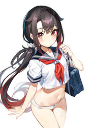  absurdres arm_support bag black_hair crop_top female hair_flaps hair_ornament hair_scrunchie hand_up highres holding holding_bag long_hair low_ponytail navel no_pants original panties sailor_collar school_bag school_uniform scrunchie serafuku setsuna_(miraichizu) shoulder_bag solo stomach underwear white_background white_panties white_serafuku zero_(miraichizu) 