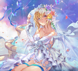  absurdres adapted_costume alternate_costume bare_shoulders blonde_hair blue_eyes breasts bridal_veil collarbone dress elbow_gloves europa_(granblue_fantasy) female gloves granblue_fantasy highres kiriyama2109 medium_breasts medium_hair solo veil wedding_dress 