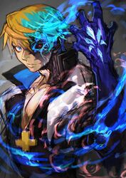  1boy absurdres arm_up aura black_sclera black_skirt blue_eyes claws collarbone colored_sclera cross dragon_install fingerless_gloves gloves glowing glowing_eye guilty_gear guilty_gear_strive hair_between_eyes heterochromia highres jacket ky_kiske looking_at_viewer male_focus multicolored_hair open_mouth pectoral_cleavage pectorals red_eyes shiny short_hair simple_background skirt solo split-color_hair teeth upper_body veins white_jacket yohane_shimizu 